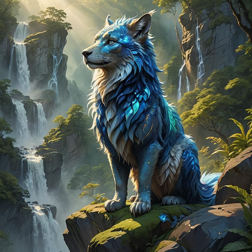 Majestic Blue Wolf Overlooking Mystical Realm