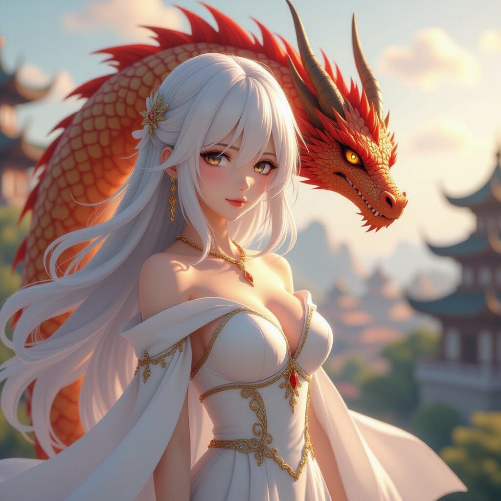 Anime Girl with Dragon, Epic Fantasy Art