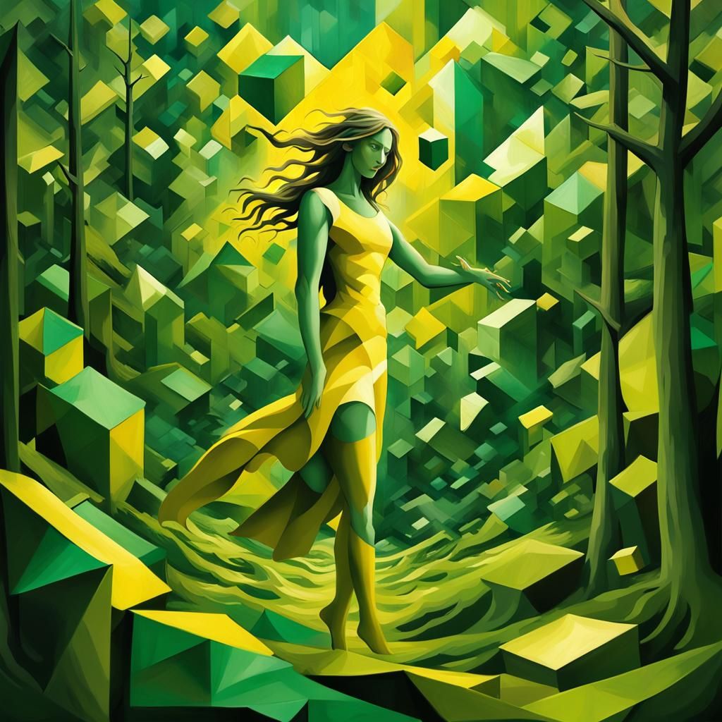 Woman Walks in Forest: Cubist-Impressionist Style