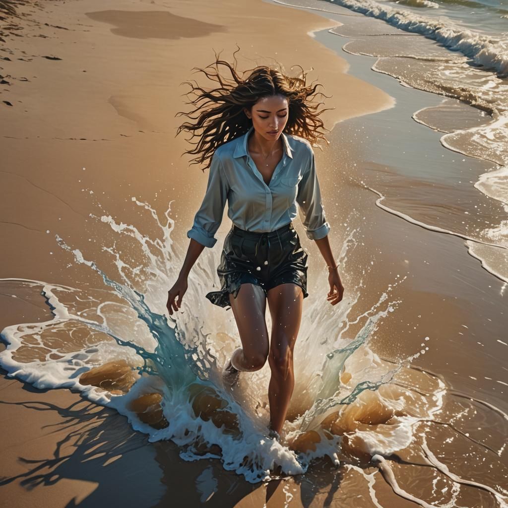 Hyperrealistic Woman Emerges from Ocean in Splash Art