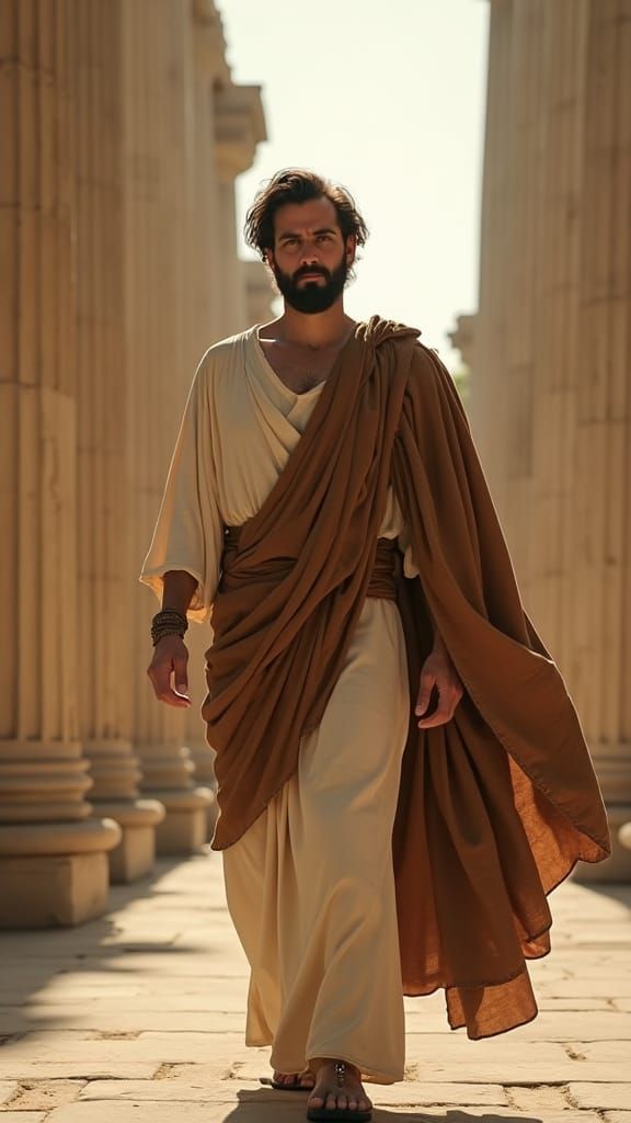 Man in Greek Attire Among Classical Columns