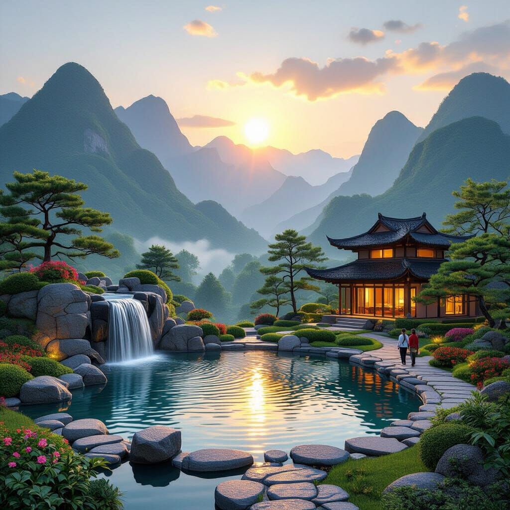 Serene Feng Shui Landscape with Sunrise and Waterfall