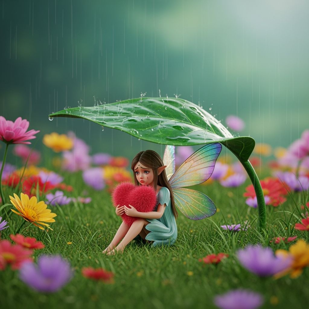 Sad Fairy Under Leaf in Summer Rain, Dreamlike Atmosphere