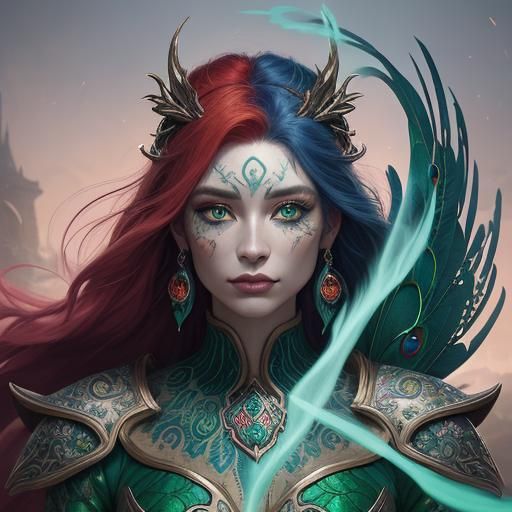 Dragon Woman Portrait with Peacock Feather Eyelashes