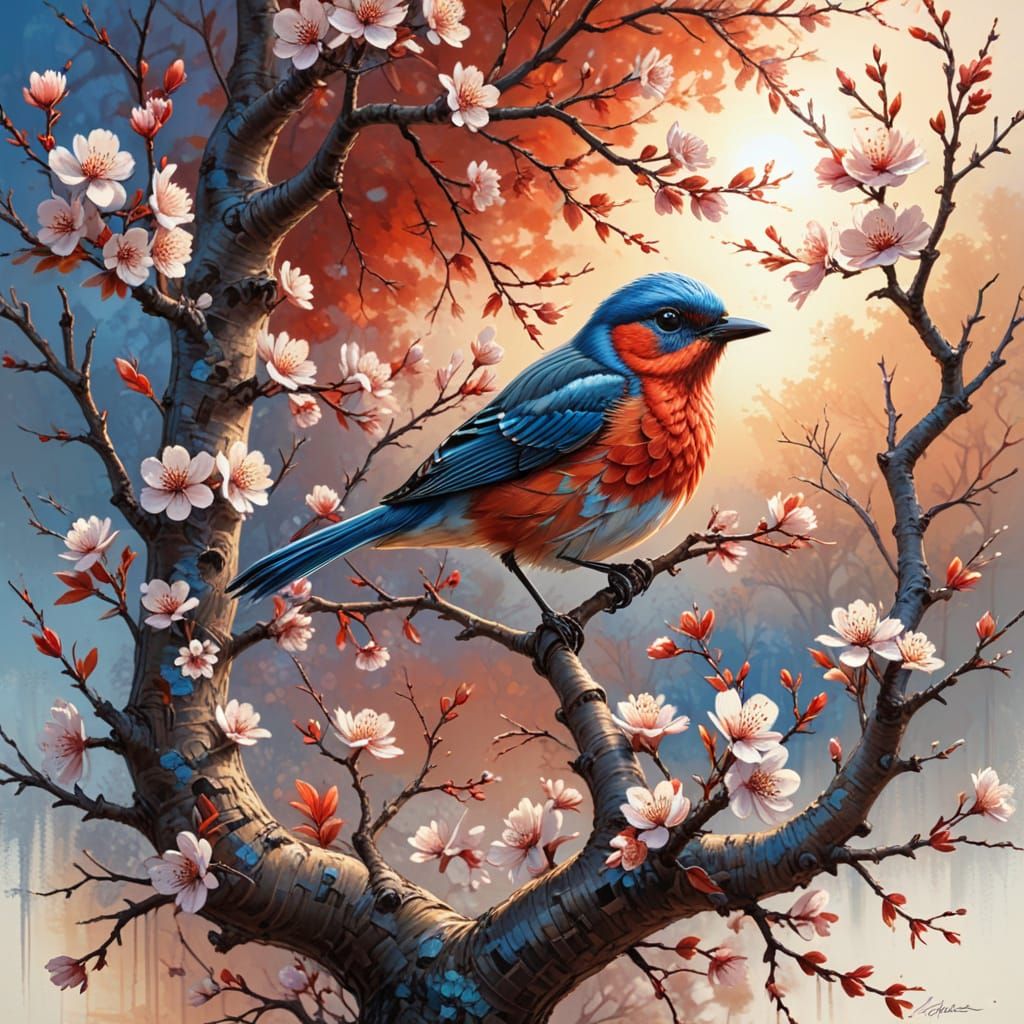 Blossom Tree Bird at Sunset: Insanely Detailed Masterpiece