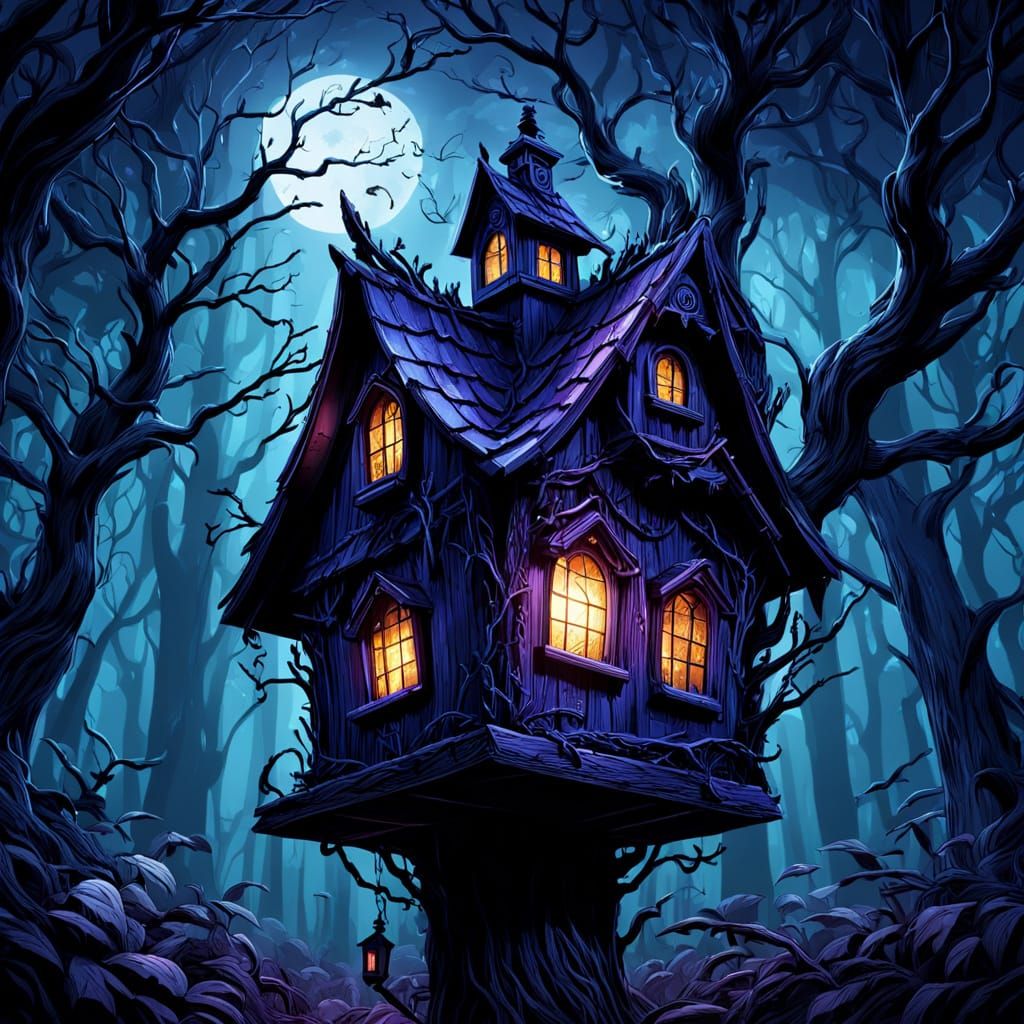 Haunted Birdhouse in Dark Forest: Comic Book Art