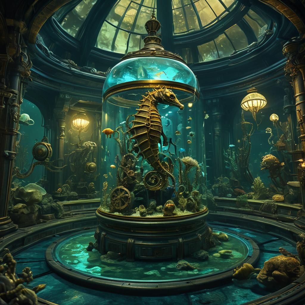 Steampunk Seahorse Aquarium with Alien Creatures