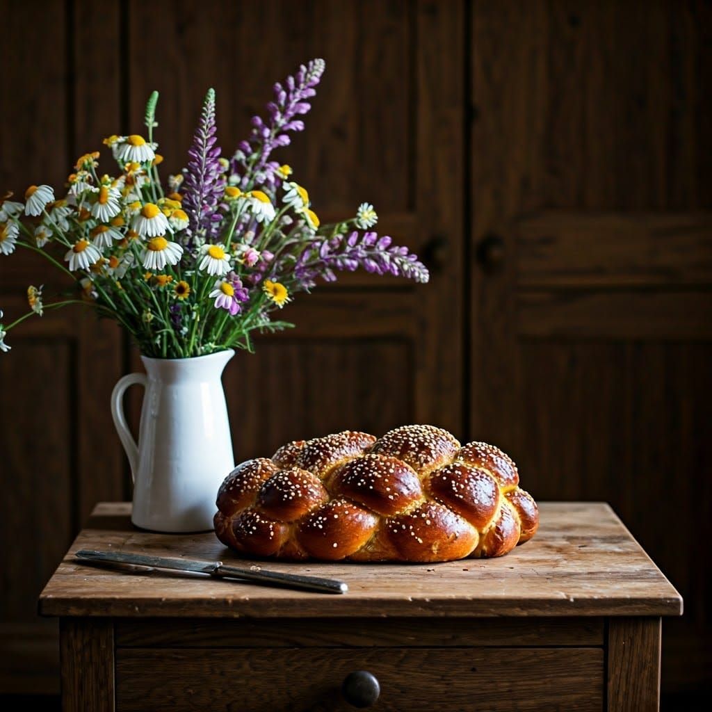 Golden Challah Bread with Wildflowers, Food Photography