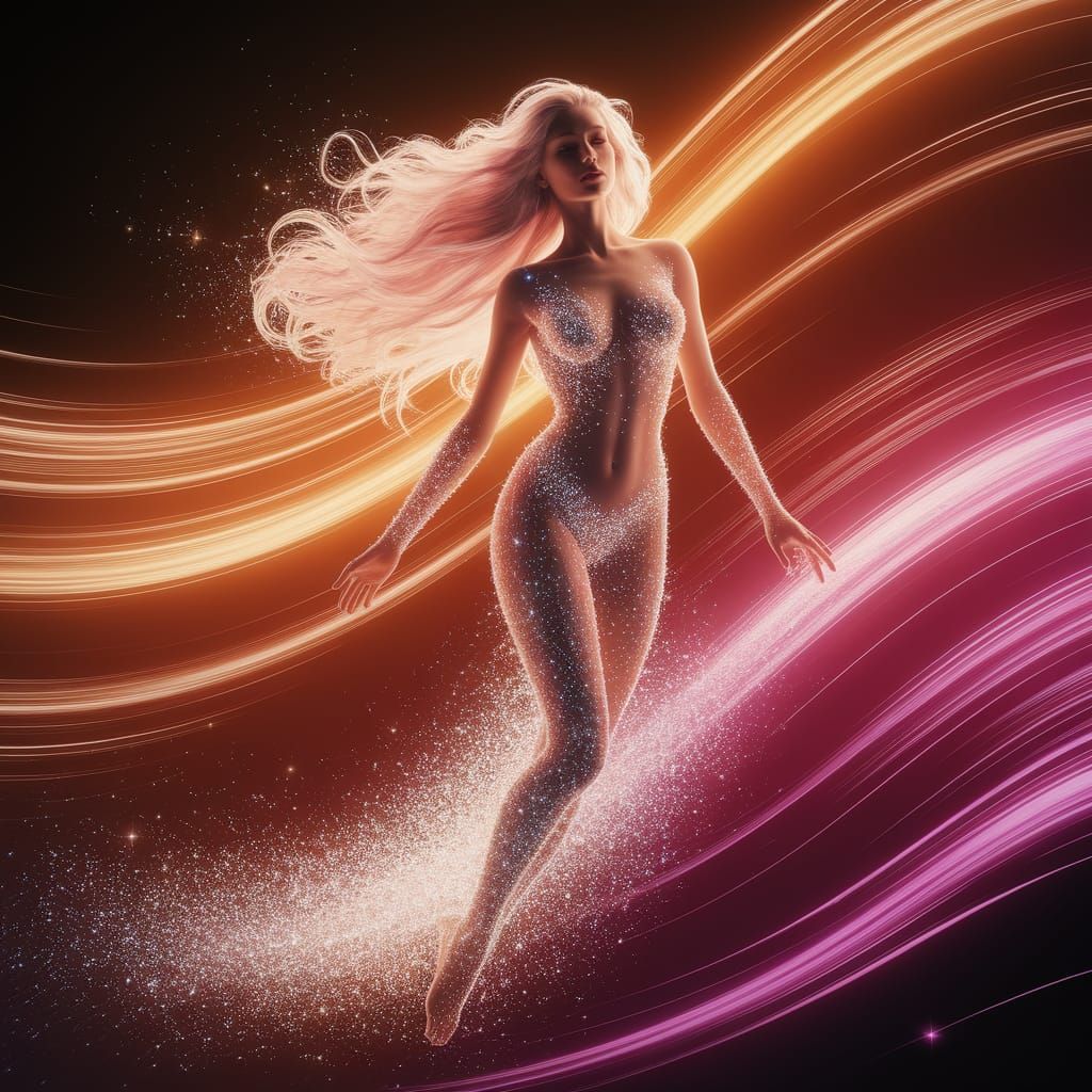 Ethereal Stardust Woman Amidst Interstellar Plasma Winds