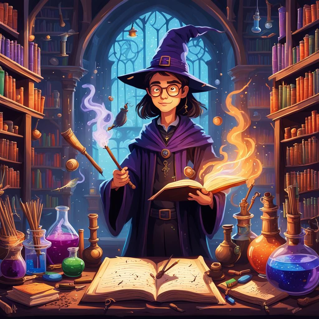 Magical Library: Young Wizard Practicing Spells