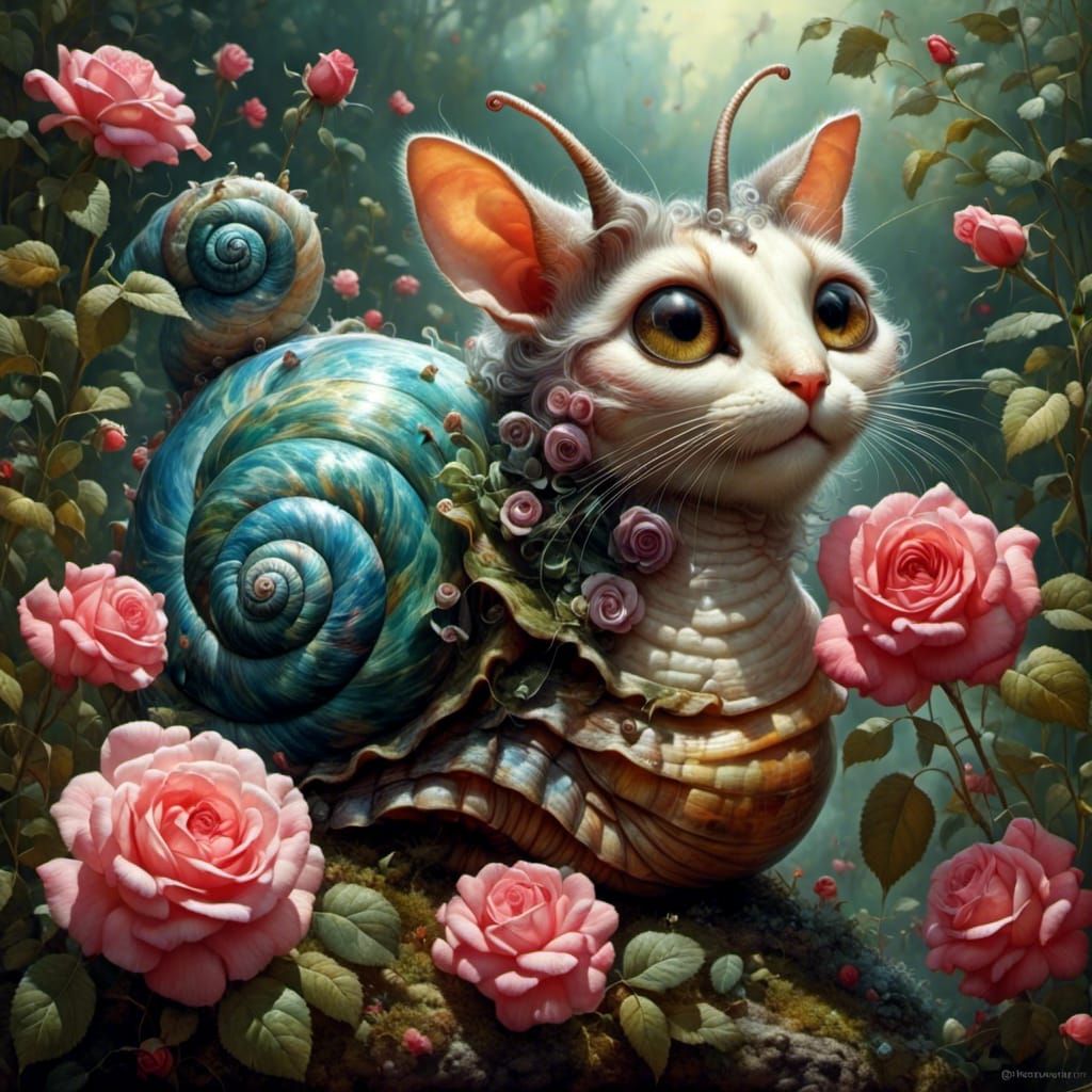 Adorable Rose Snail Cat in Enchanted Country