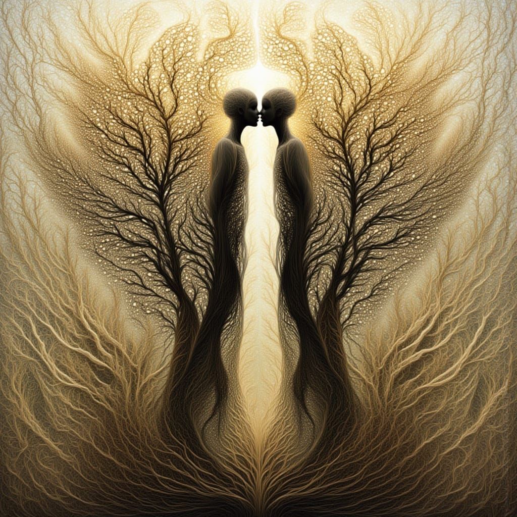 Ethereal Tree Spirits Kissing in Misty Surreal Landscape
