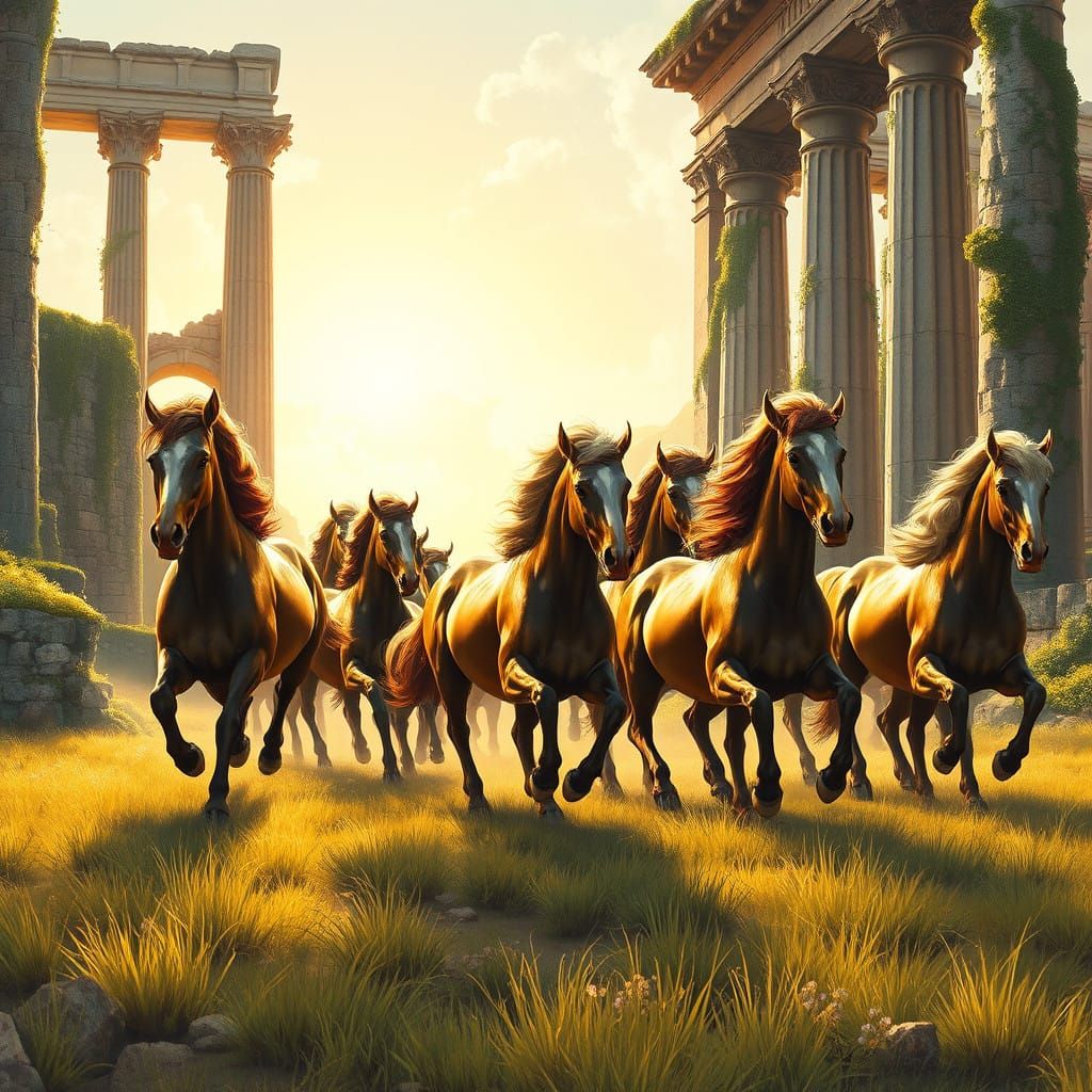 Centaurs Gallop Through Ancient Ruins in a Vibrant, Dynamic...