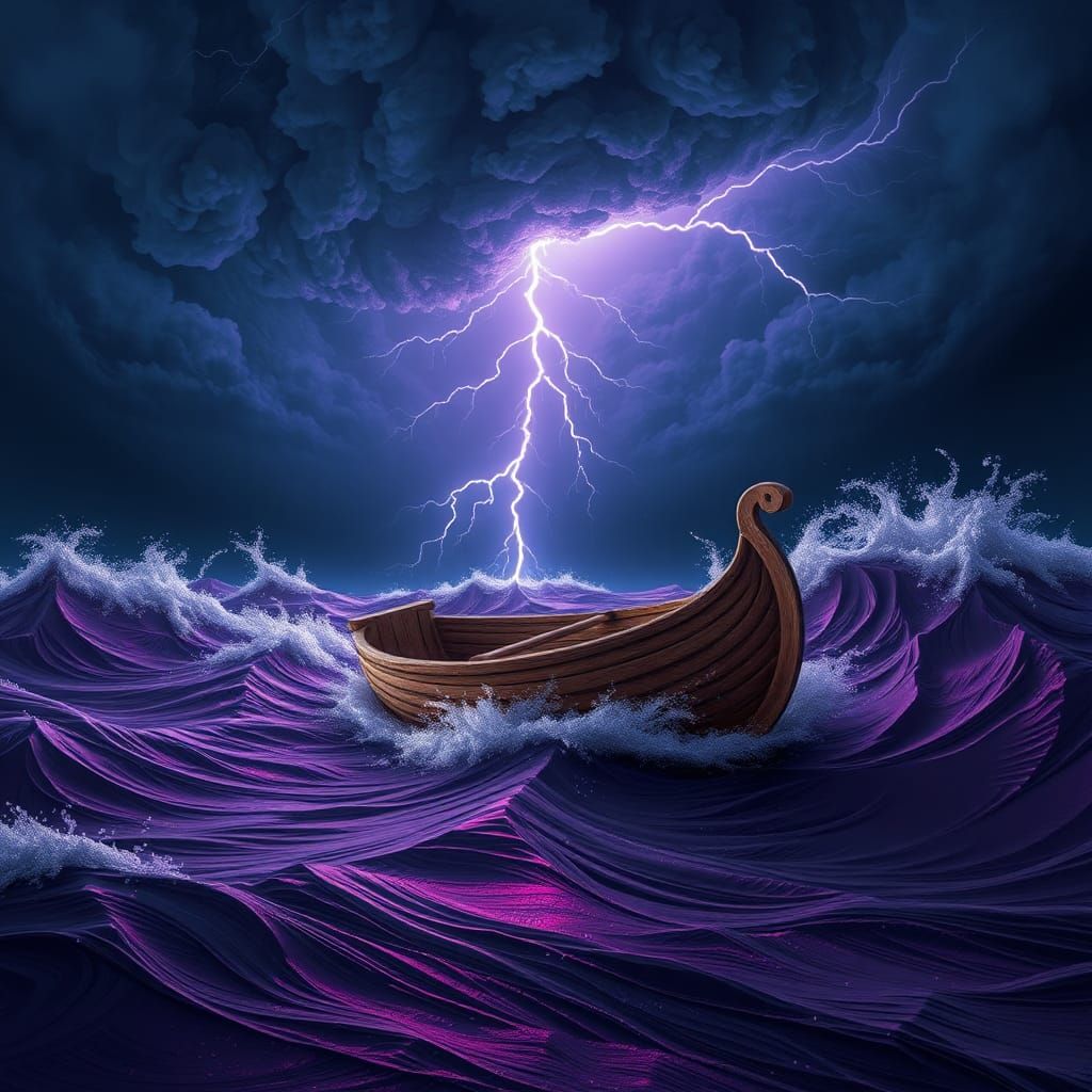 Wood Carved Boat in Stormy Fractal Ocean