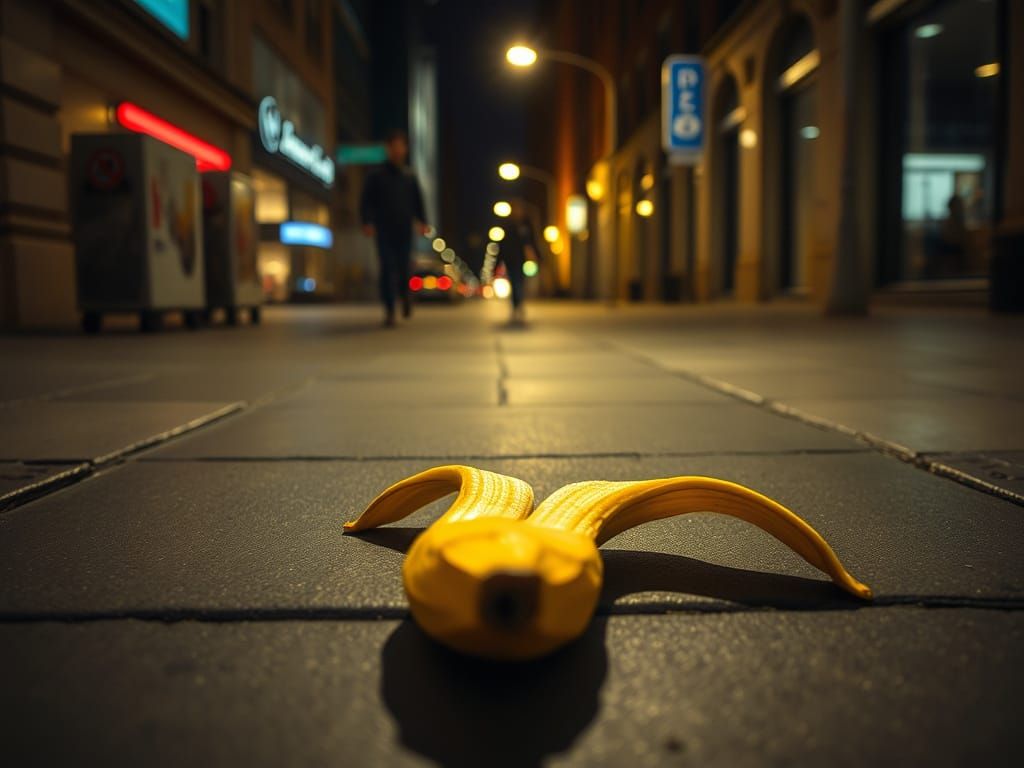 Banana Peel Ambush on City Sidewalk