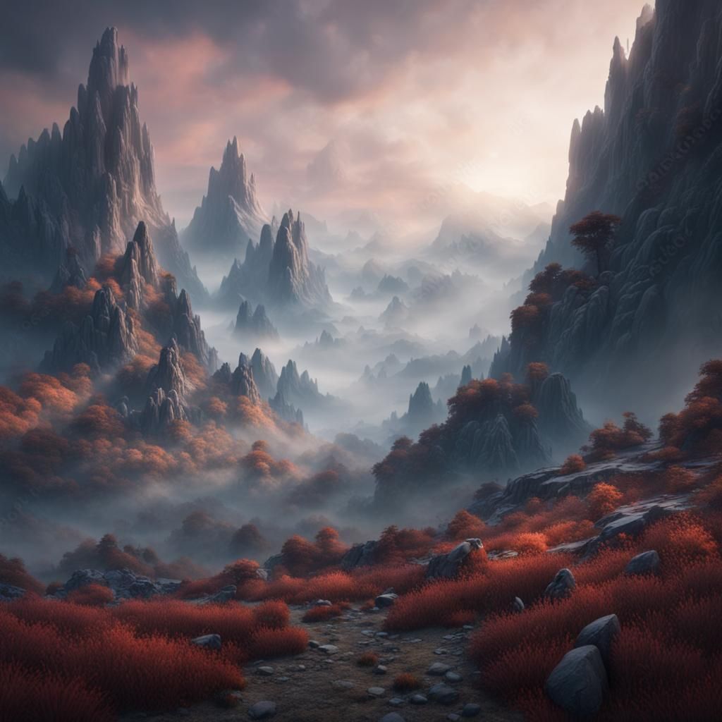 Fantastical Misty Mountain Landscape in Deep Color