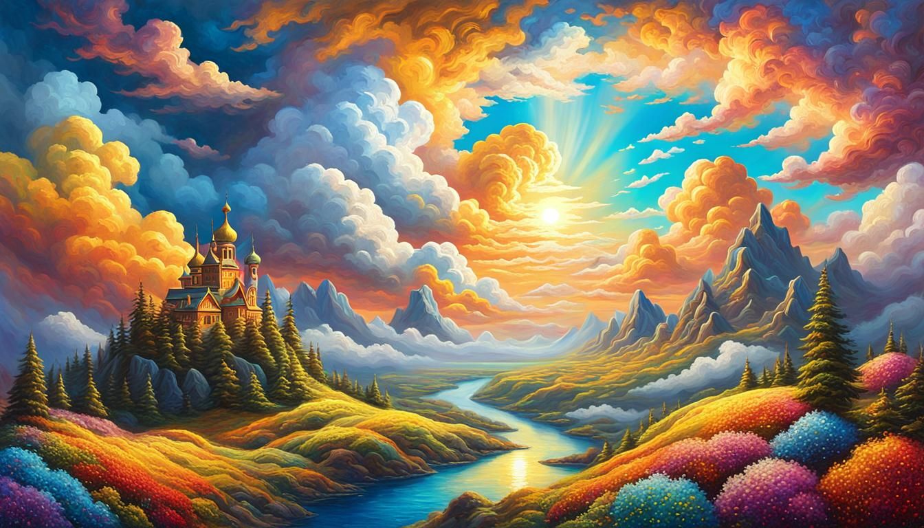 Mystical Landscape Oil Painting with Impasto Clouds