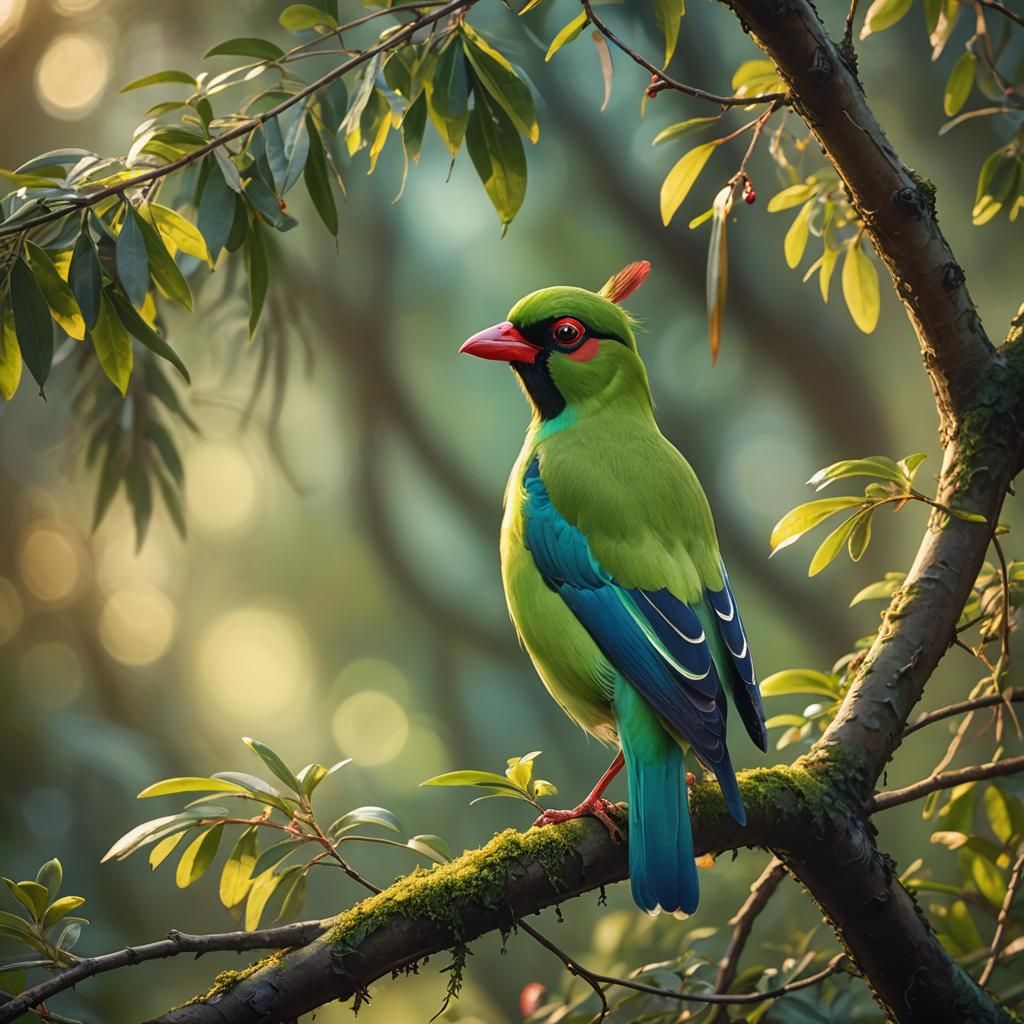 Green-Magpie in Native Habitat: Fantasy Concept Art