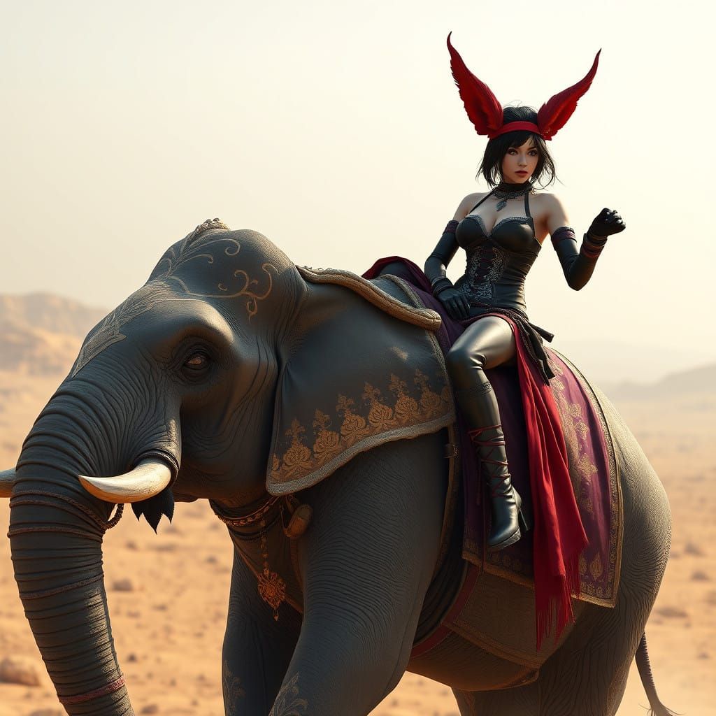 Mystical Goth Queen Rides Regal Elephant Through Desert Land...