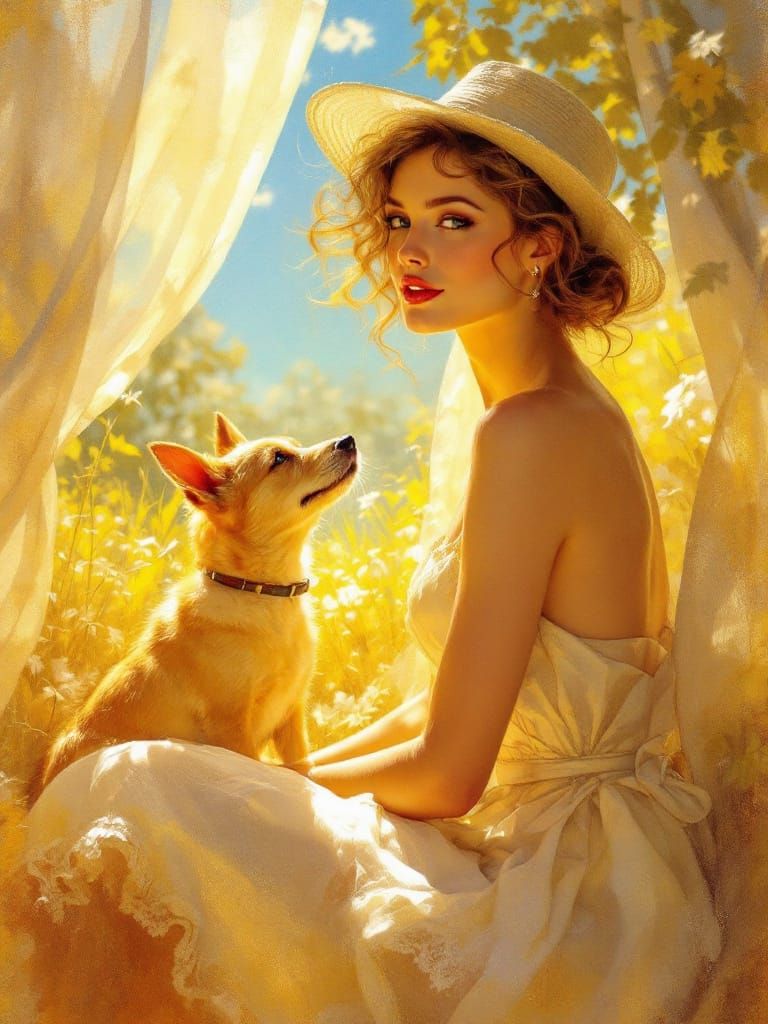 Miss America Glamour Dog Portrait in Zorn and Rockwell Style