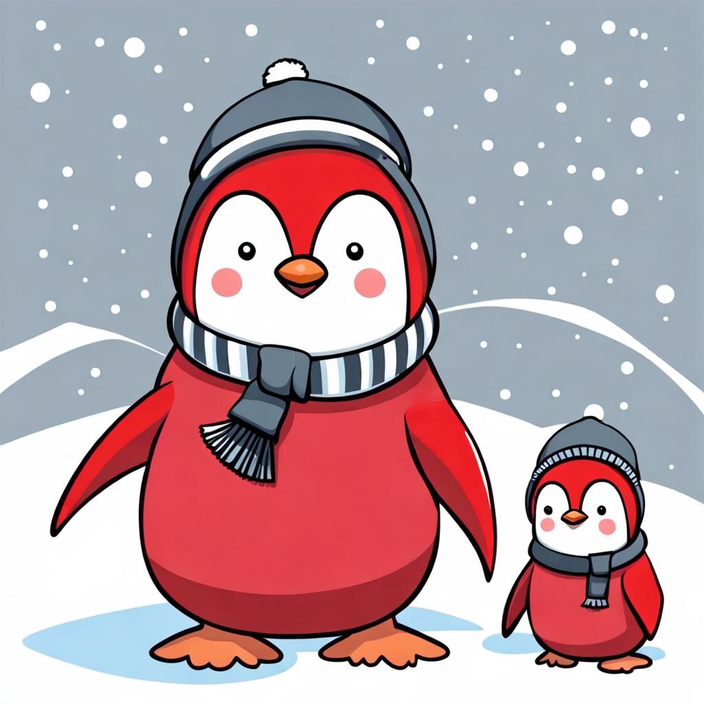 Red Penguins in a Snowy Landscape