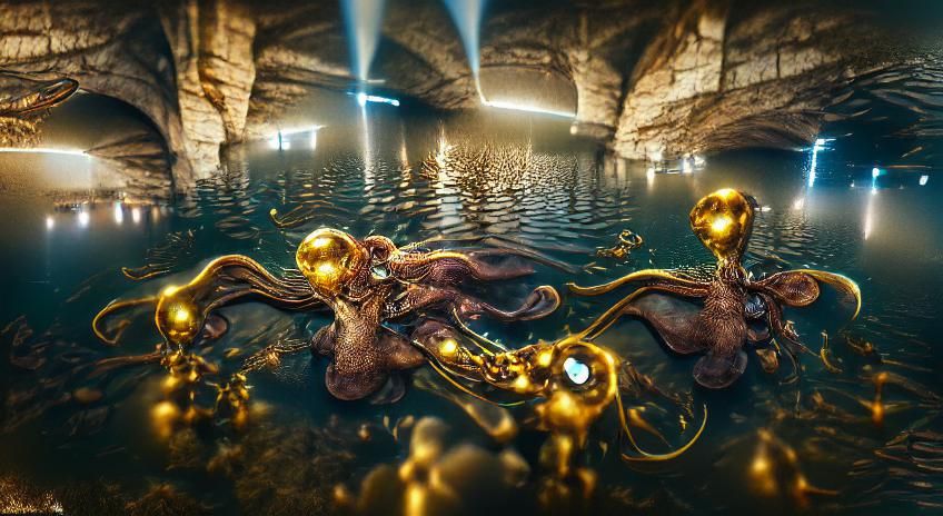 Golden Octopus in Astral Cave: Steampunk Illustration