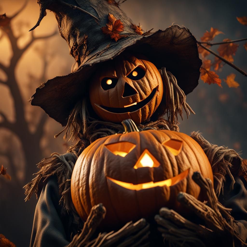 Horror Scarecrow with Pumpkin Face: Detailed Matte Painting