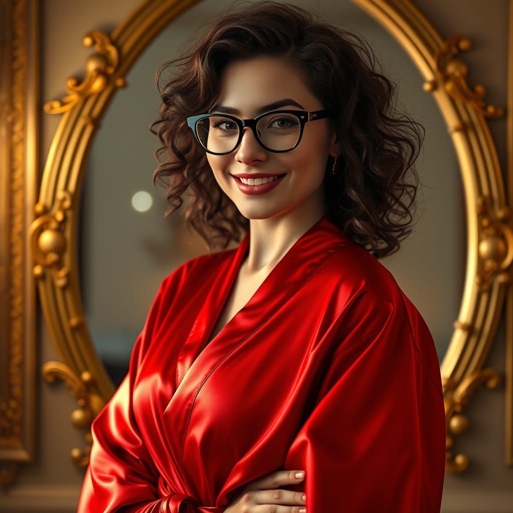 Woman in Red Silk Robe in Detailed Matte Painting Style