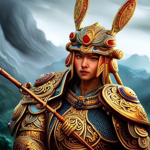 Samurai Rabbit in Gold Armor, Hyperdetailed Fantasy Art