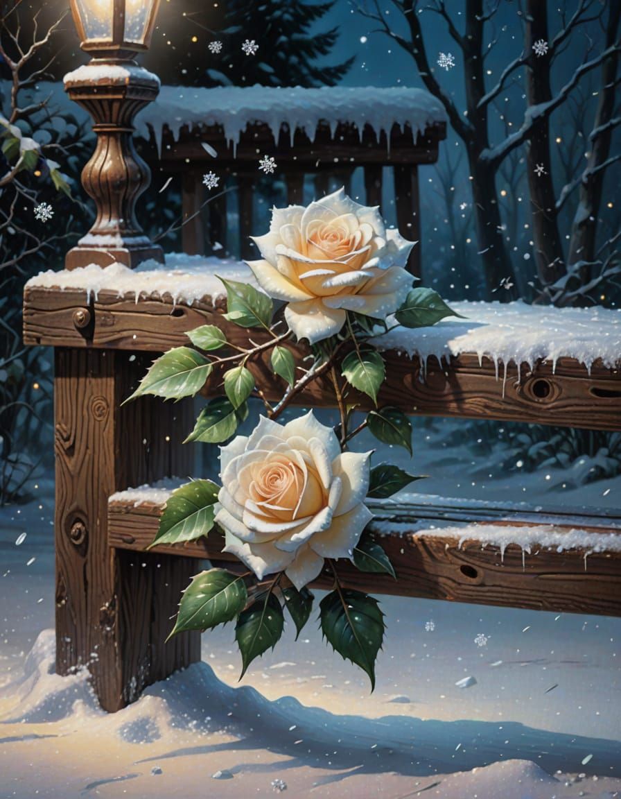 Frozen Rose on Snowy Bench in Kinkade Style