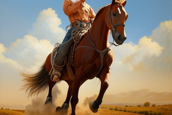 Cowboy on Horse in Realistic Landscape Painting