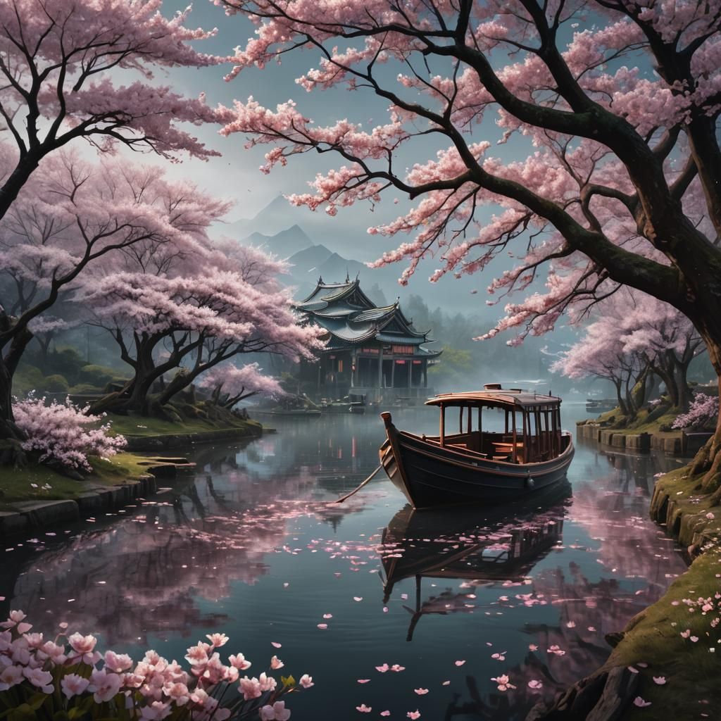 Boat in Cherry Blossoms: Fairycore Landscape