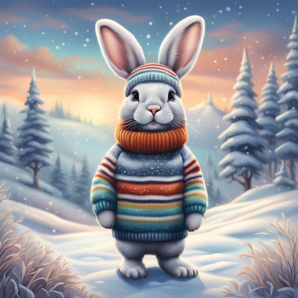 A cute bunny standing confidently in a snowy field, wearing ...