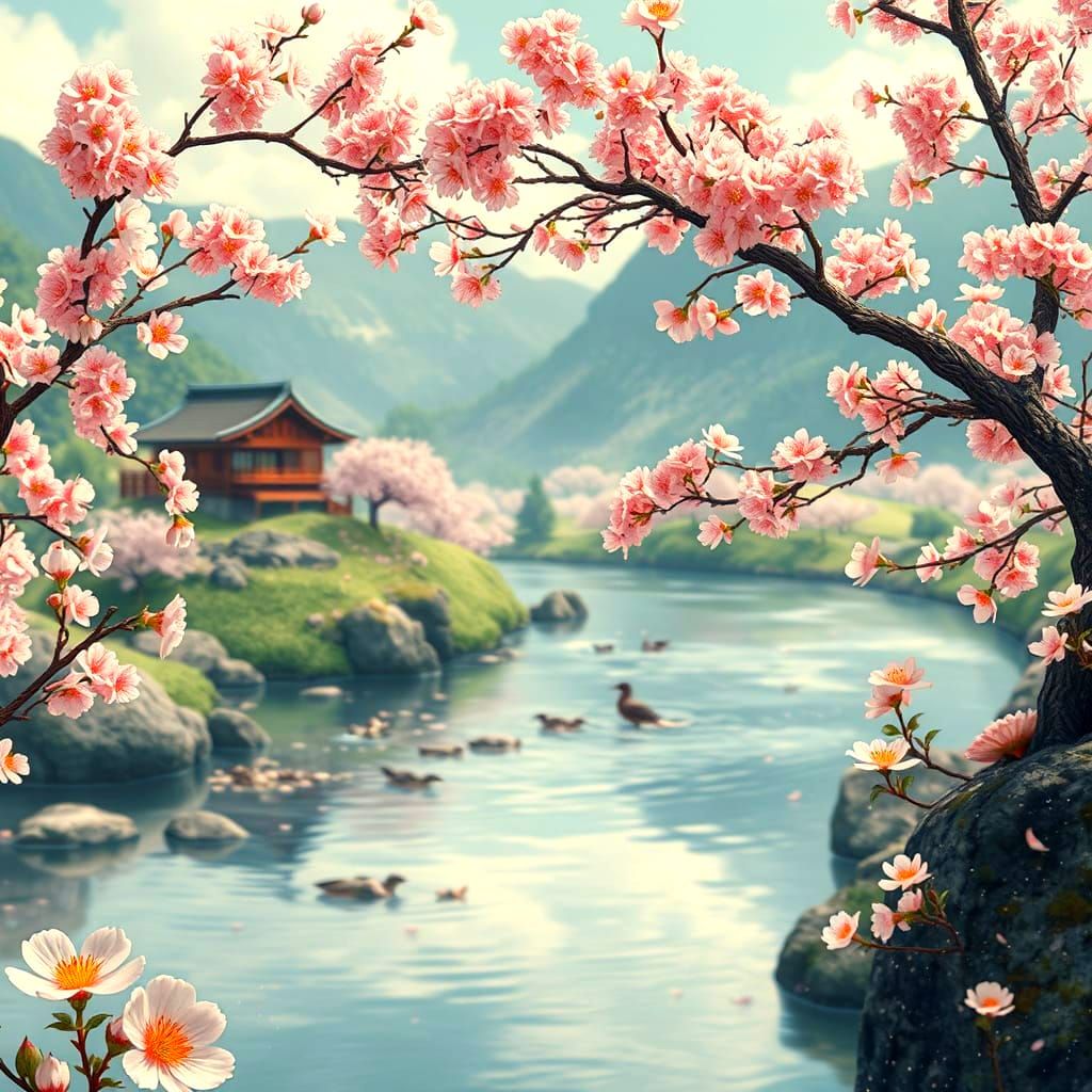 Peacock in Cherry Blossoms, Japanese Landscape