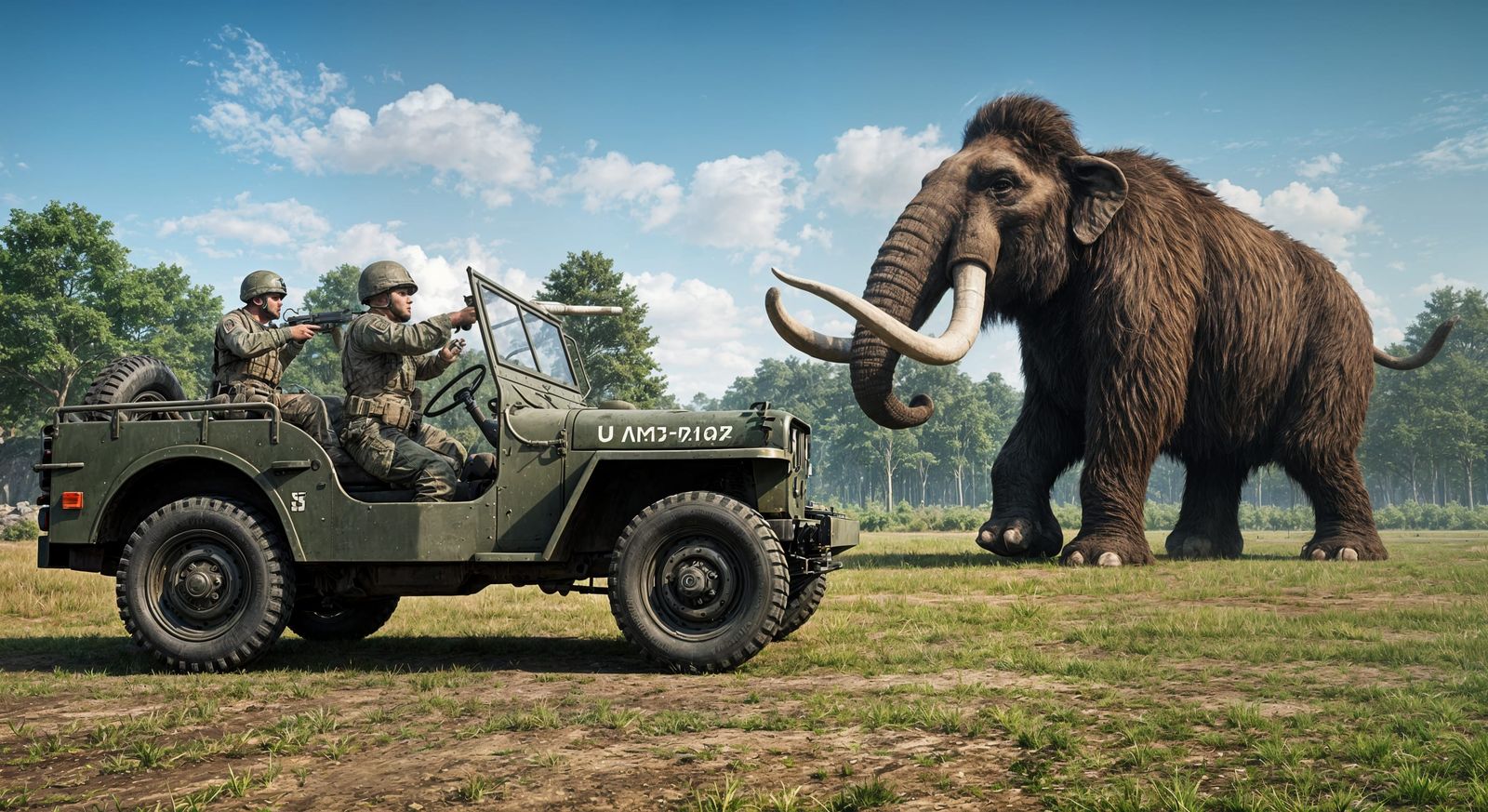 US Army Jeep versus Prehistoric Wooly Mammoth