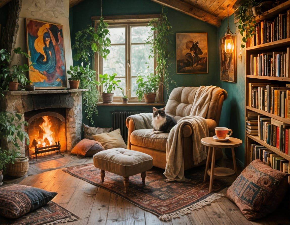 Bohemian Reading Nook with Fireplace