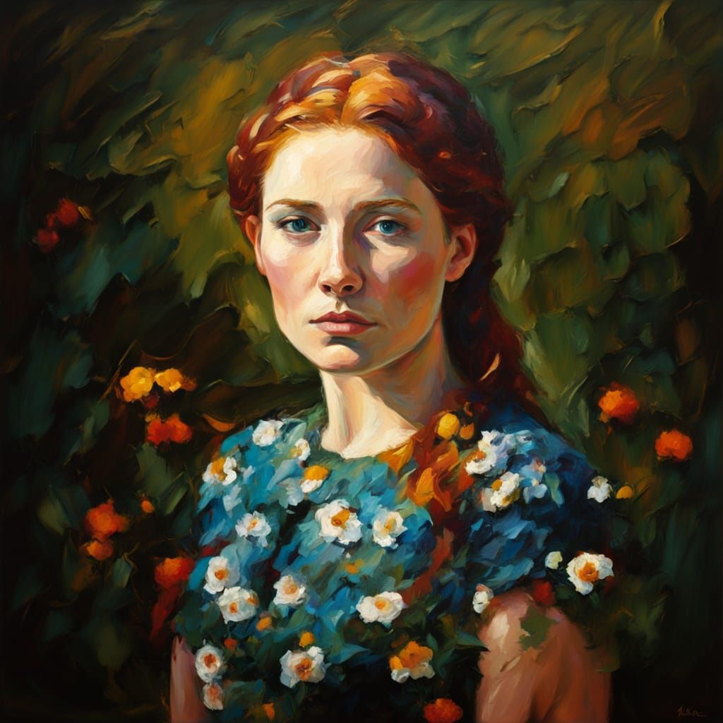 Neo-Impressionist Portrait of an Irish Woman in Wildflowers