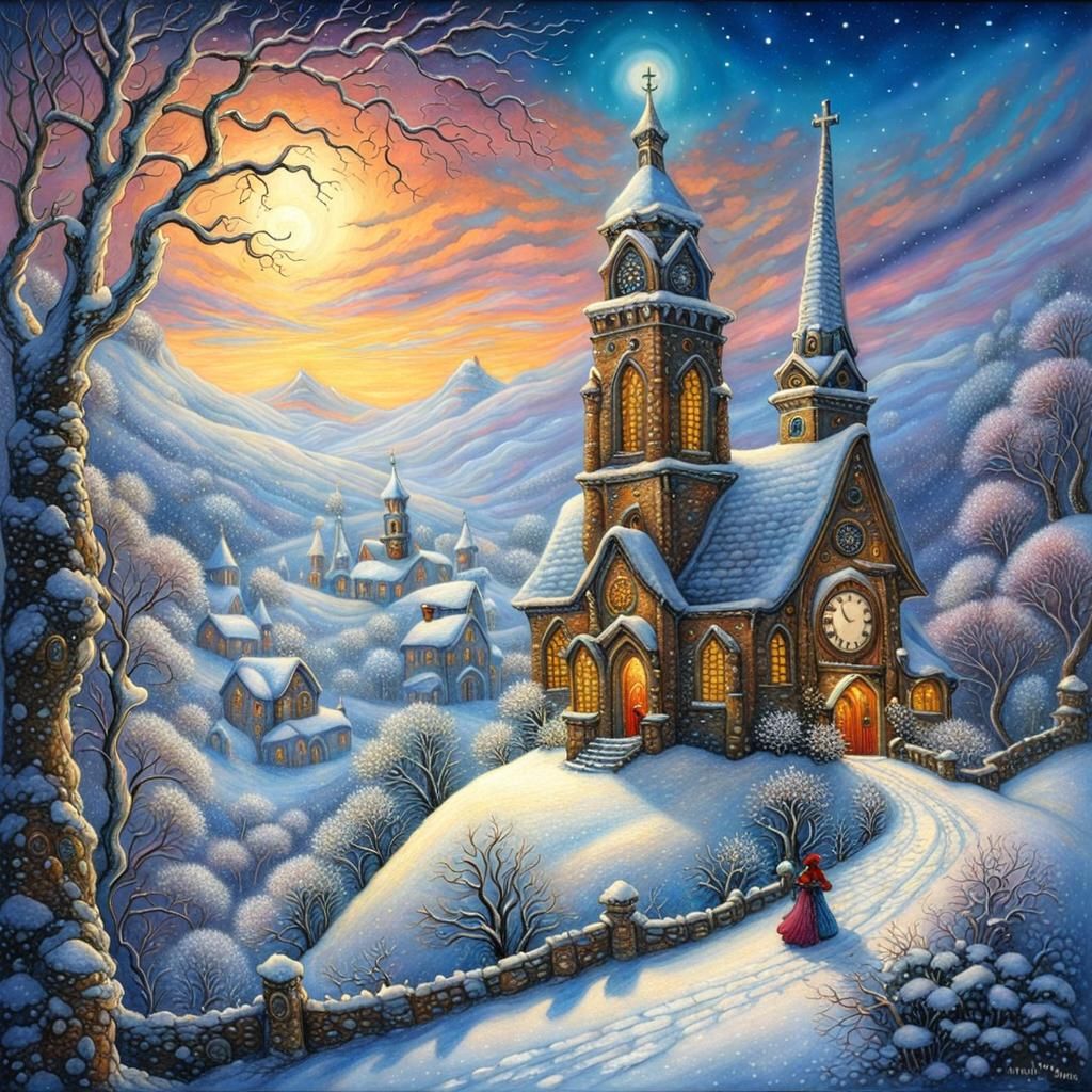 Steampunk Church in Winter Wonderland, Pointillism Style