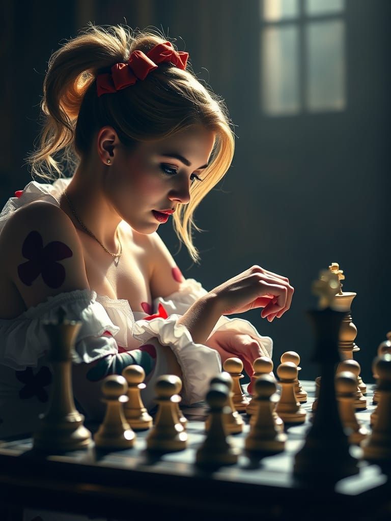 Harlequin Woman Plays Chess in Backlighting