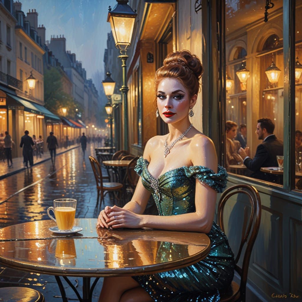 Glamorous Drag Queen in Parisian Cafe Oil Painting