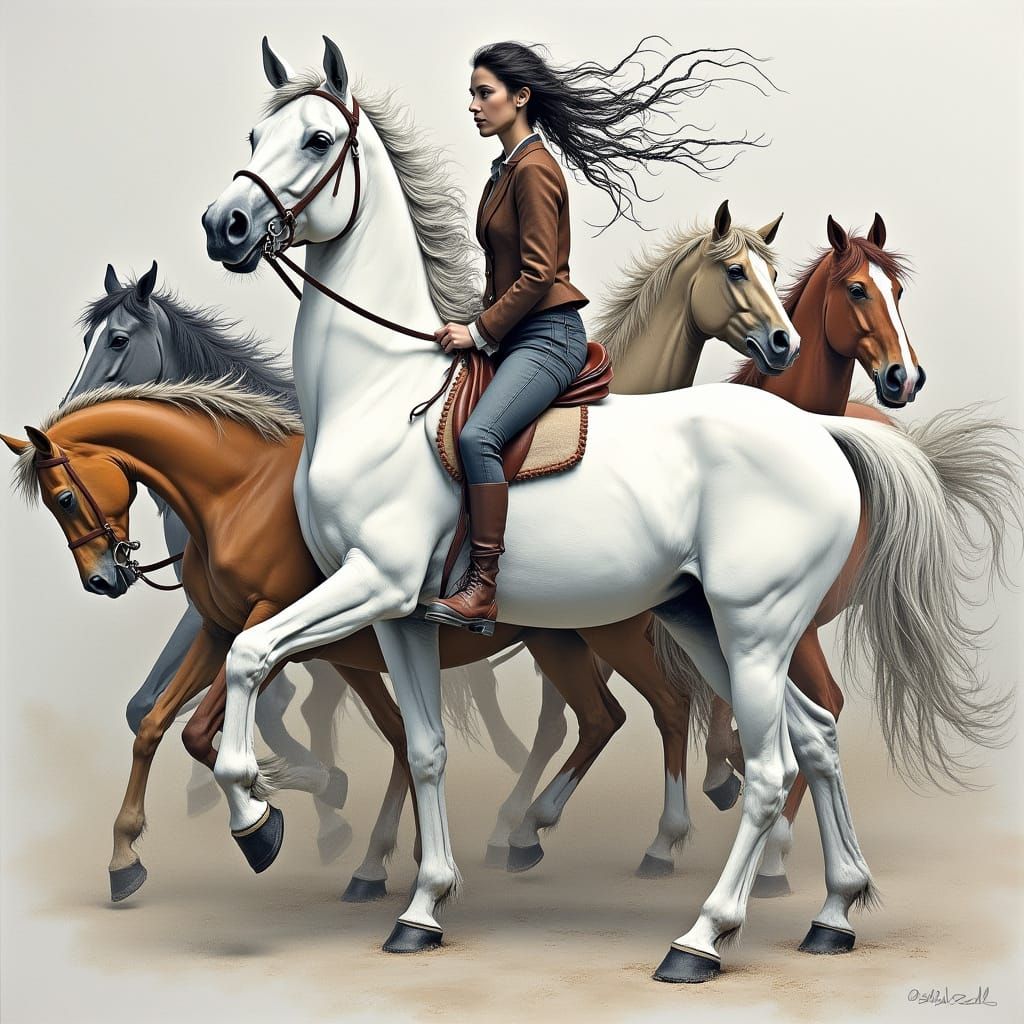 Surreal Horses Gather Around a Majestic White Stallion in a ...