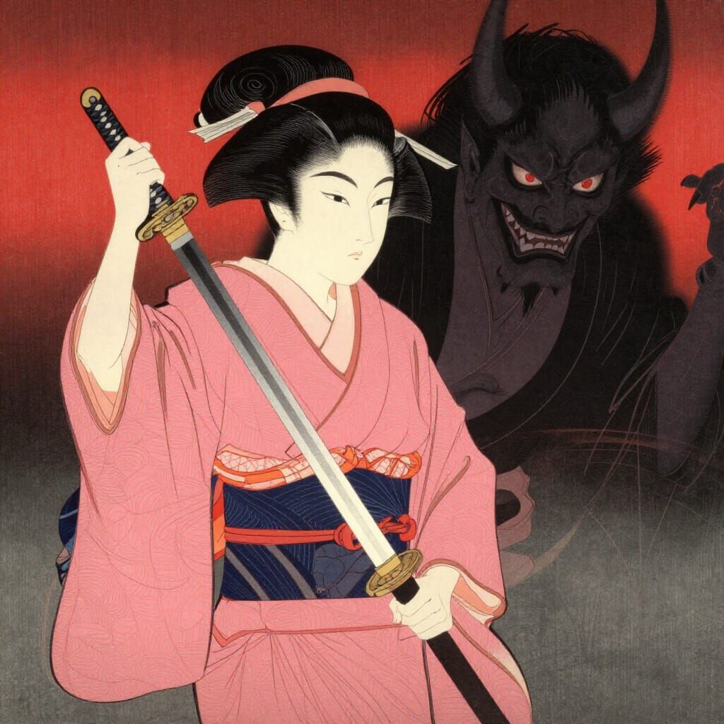 Oiran Warrior Fights Demon in Ukiyo-e Style