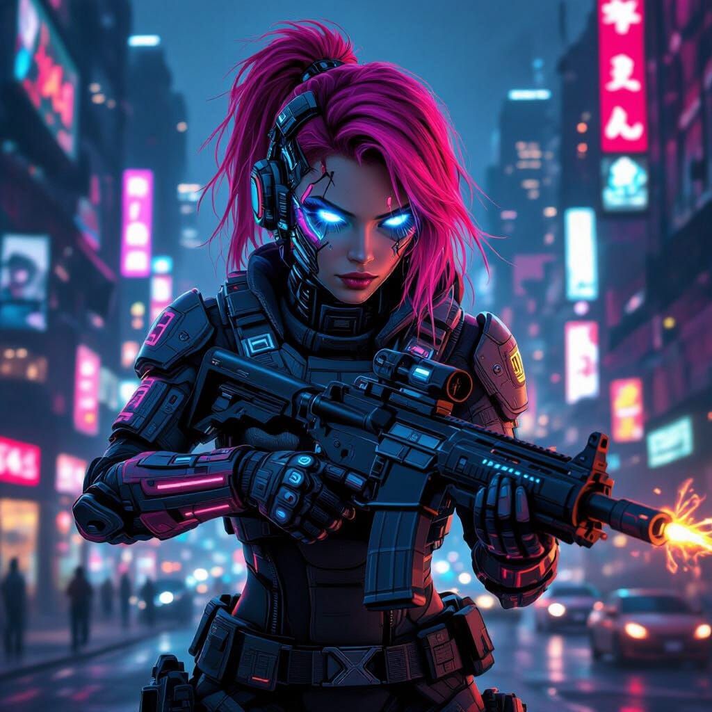 Cyberpunk Warrior with Neon Hair and Plasma Rifle
