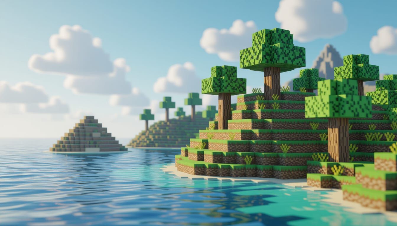 Minecraft Landscape with Origami Elements as Impasto Paintin...