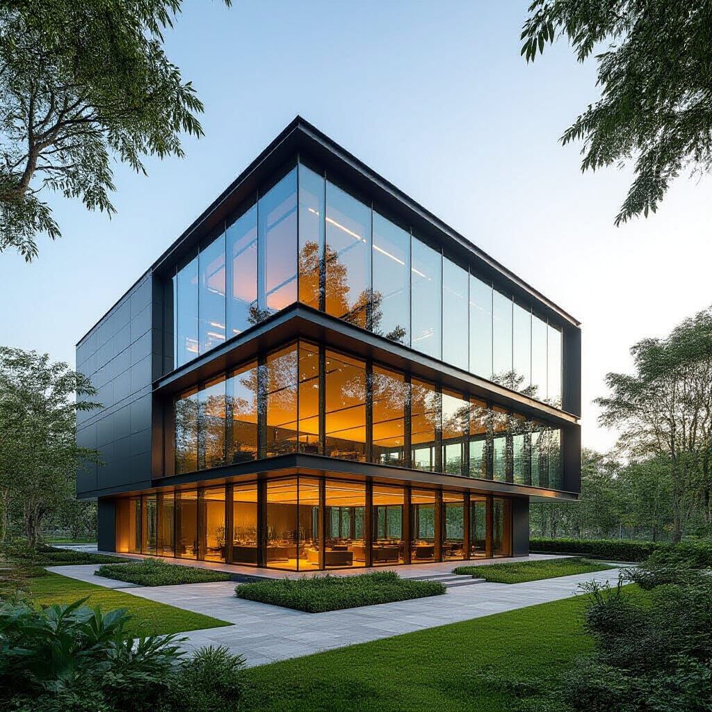 Sleek Modern Building Facade Amidst Lush Greenery