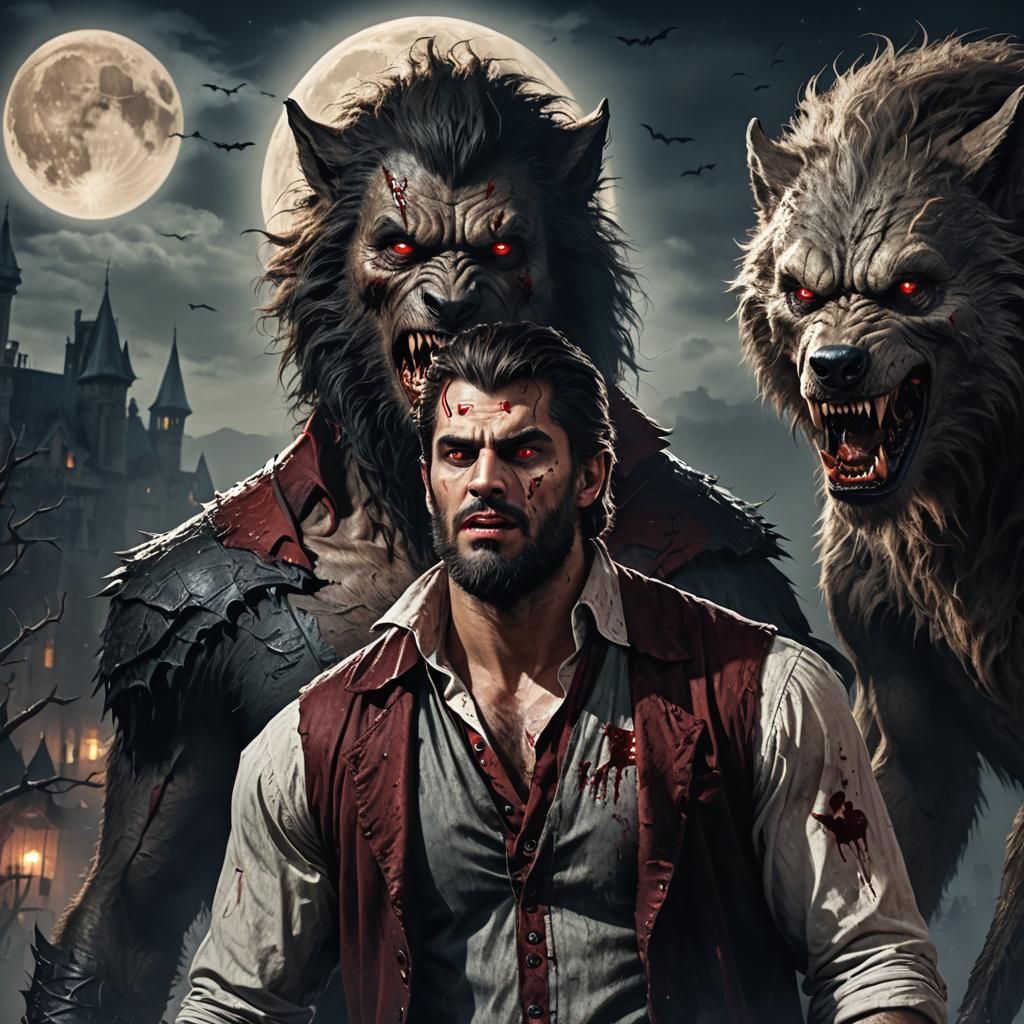 Werewolf and Vampire Under Full Moon