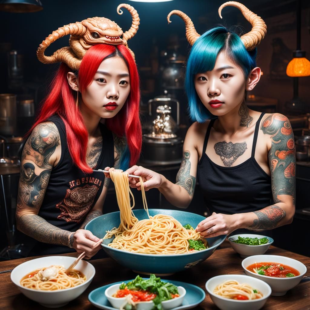 Asian Women Share Noodles with Alien Monster