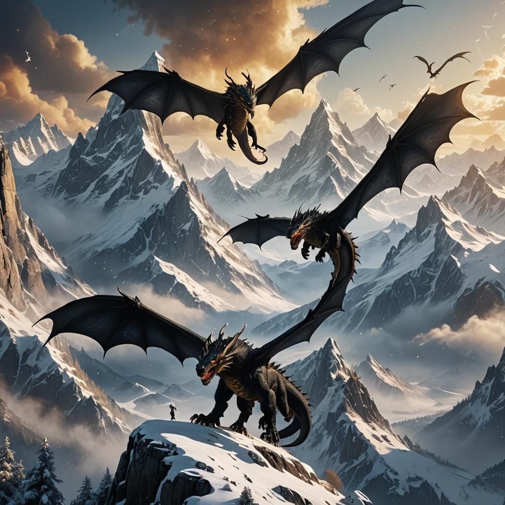 Black Dragons Flight Over Snowy Peaks in Golden Light