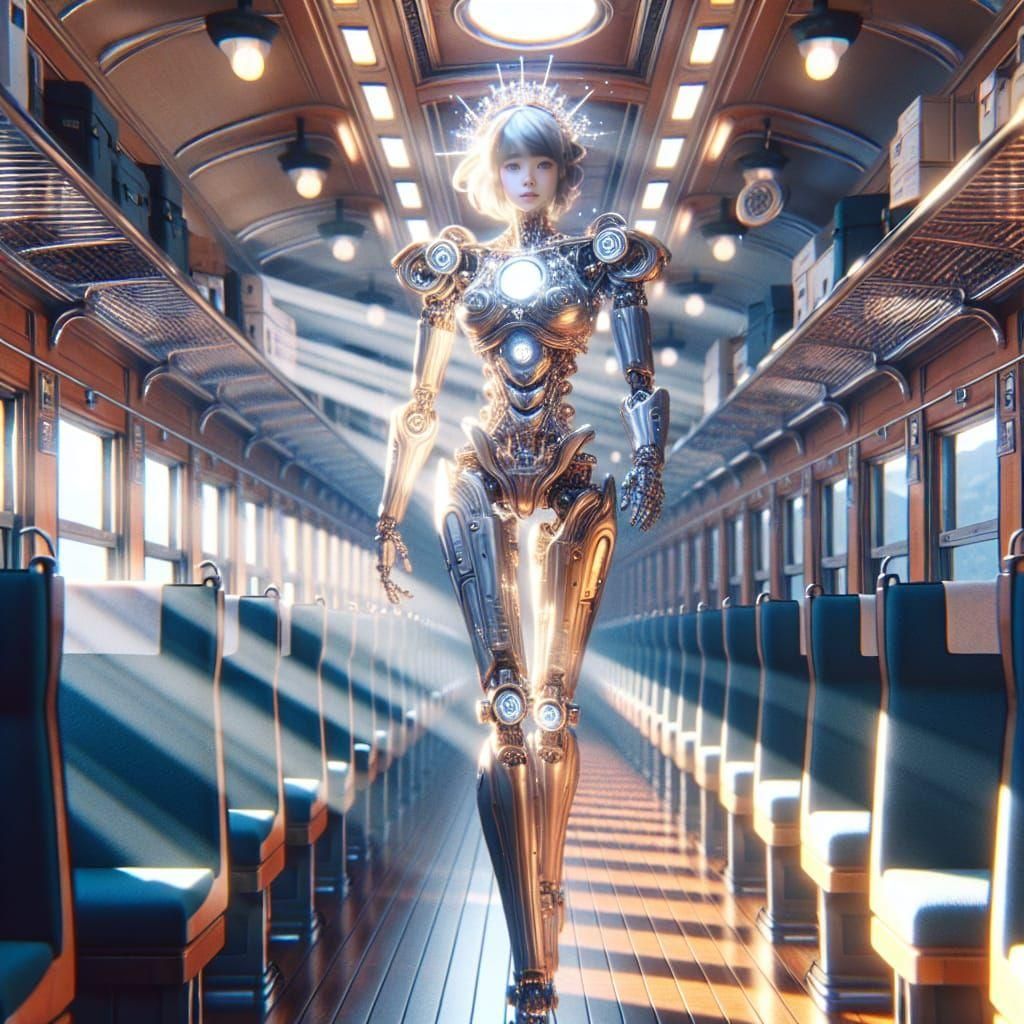 Crystal Robot on Train: Manga-Style 3D Art