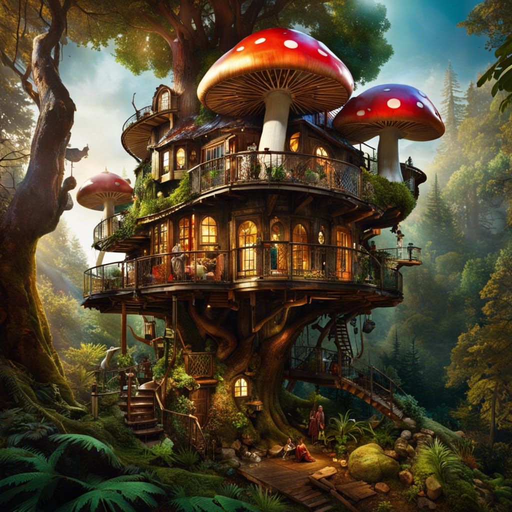 Epic Fantasy Mushroom Dieselpunk Treehouse with Wizards